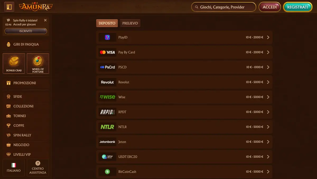 Come ricaricare il tuo conto al Casinò AmunRa